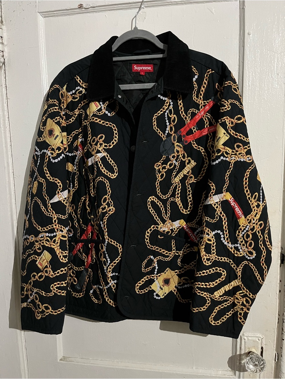 Supreme Black Quilted Bomber with Gold Chain Print and Red Accents